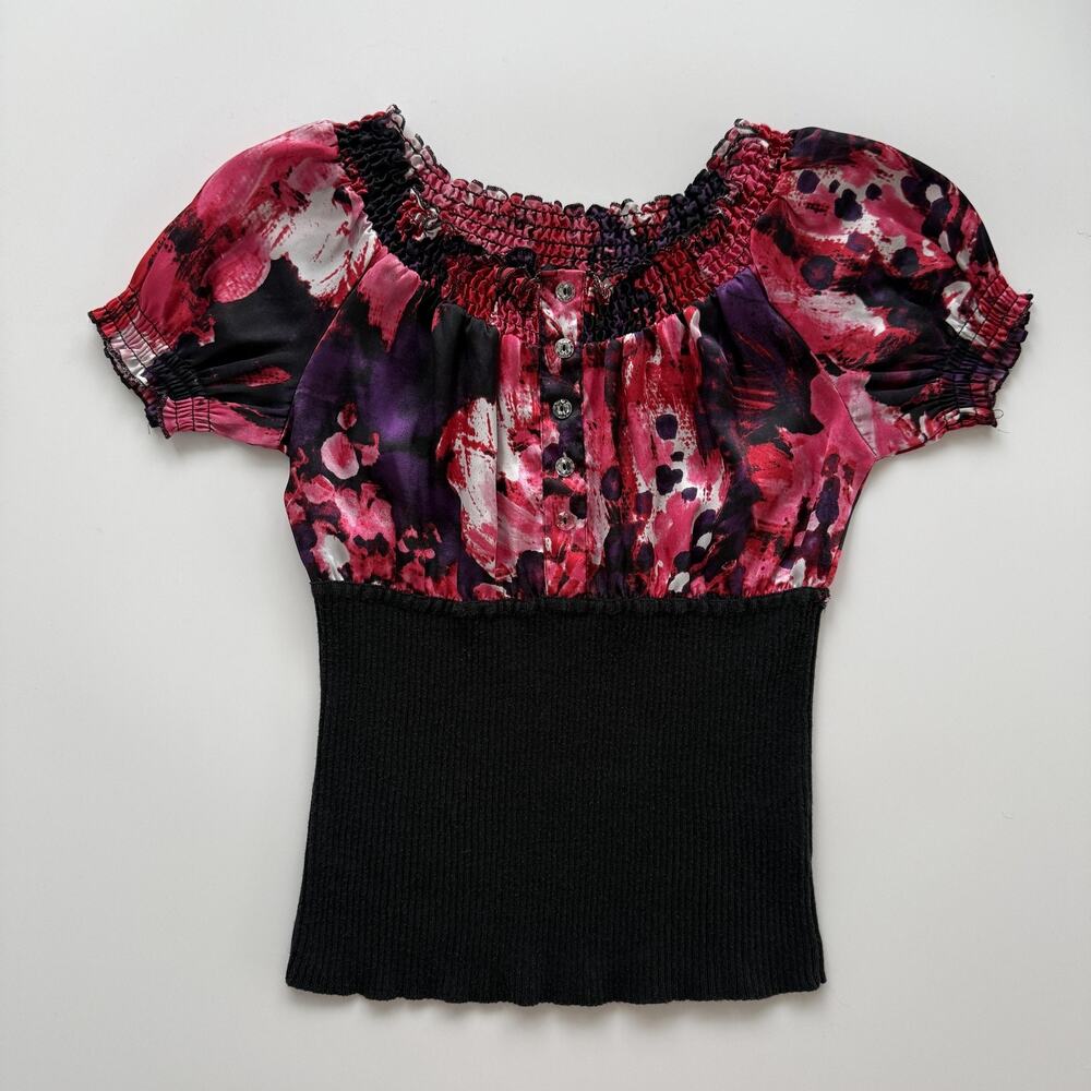 BCX Tunic Blouse Juniors M Multicolor Floral Puff Sleeve Elastic Waist Top